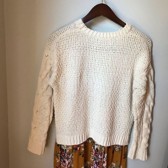 Oddy, S/M, lagenlook Cableknit sweater w/ handkerchief hem. Oatmeal and mustard - Picture 6 of 12